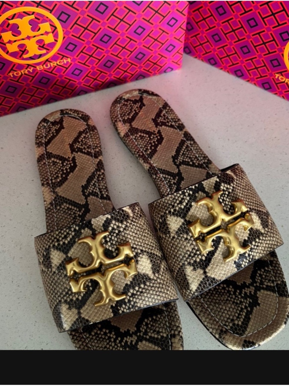 NEW Tory Burch Snake-Print Slide Sandals with gorgeous Gold Logo